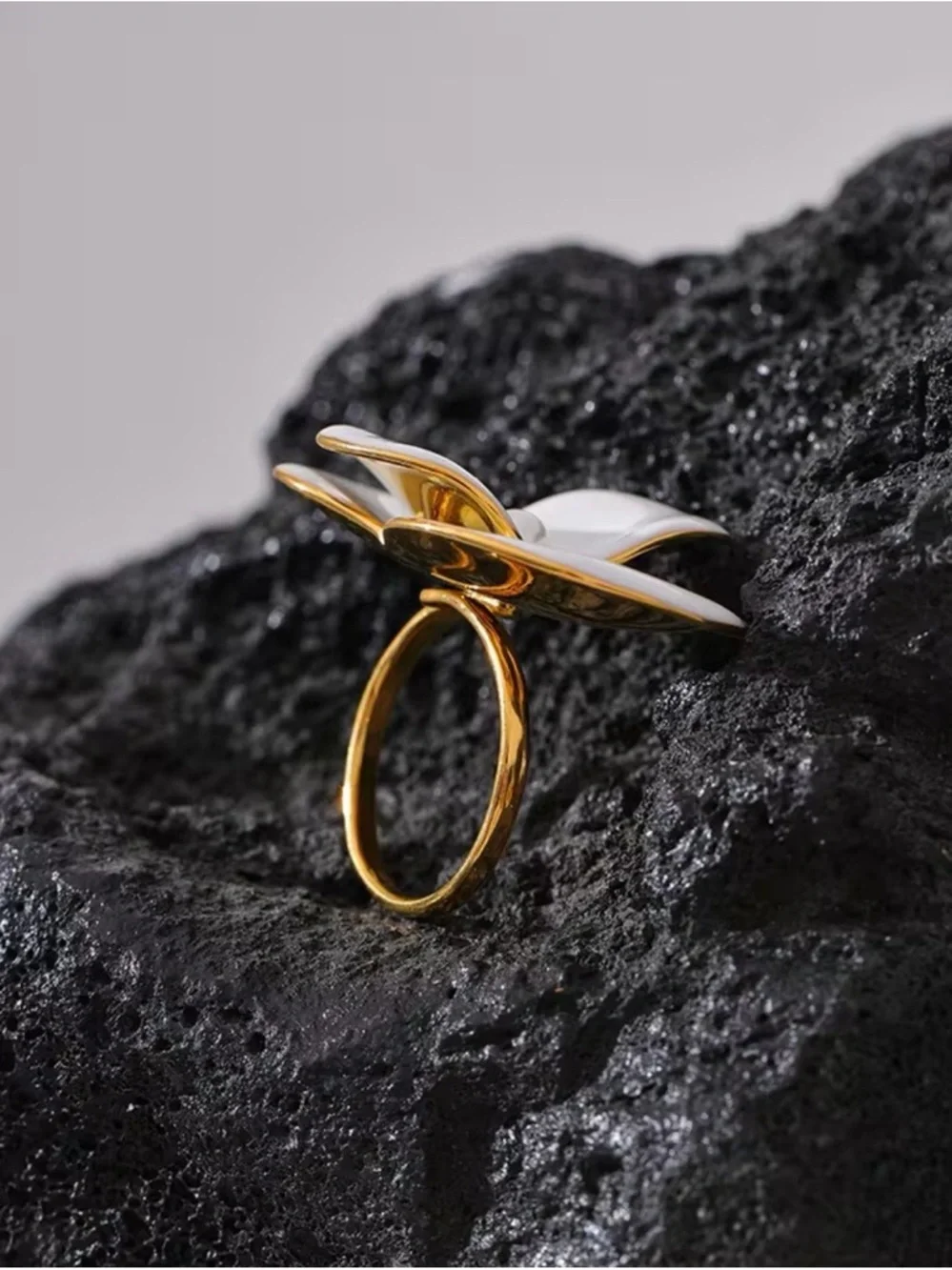 White Floral Pearl Ring with Gold Trim - Women Jewelry